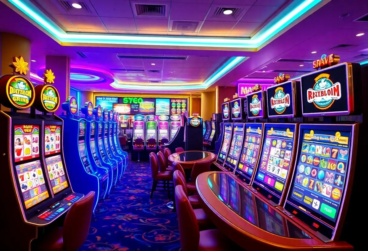 Colorful slot machines and live dealer games in a digital casino environment