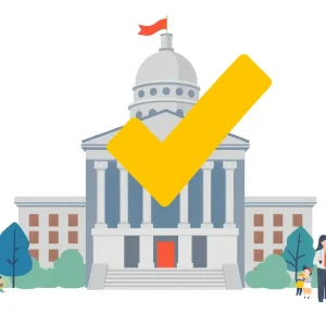 Legislative building representing Rhode Island with a checkmark symbolizing new payday loan cap