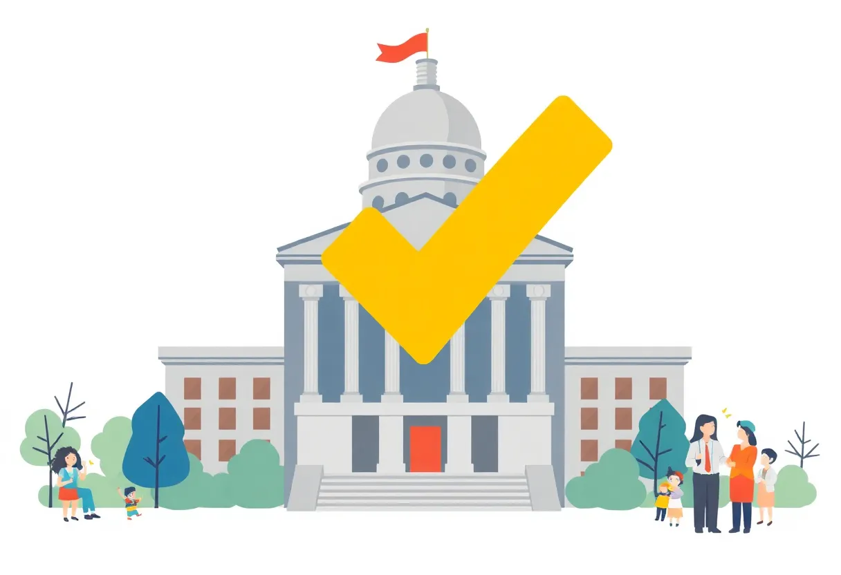 Legislative building representing Rhode Island with a checkmark symbolizing new payday loan cap