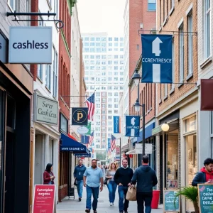 A busy street in Rhode Island with small businesses promoting cashless payments.
