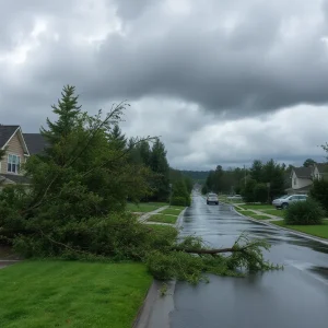Severe storm damage in Rhode Island with fallen trees and flooding.