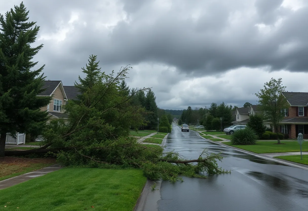 Severe storm damage in Rhode Island with fallen trees and flooding.