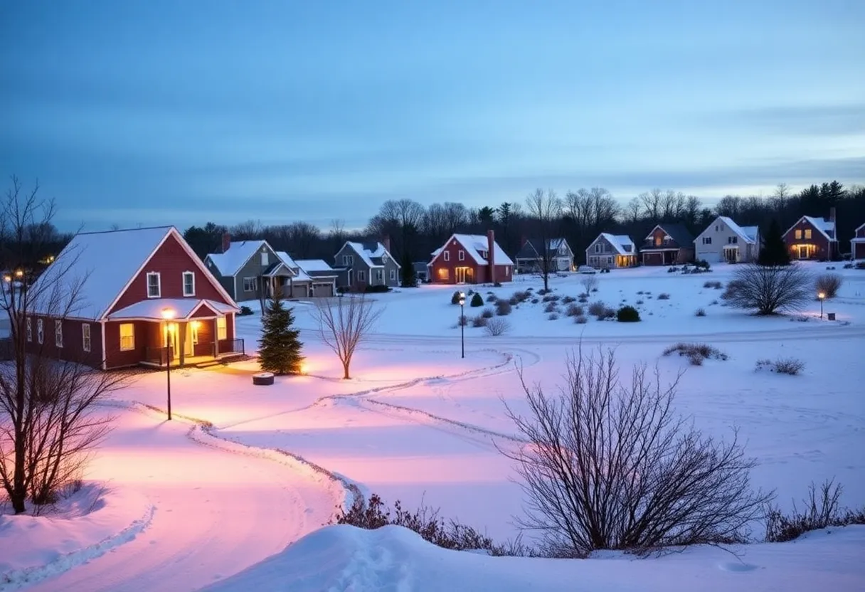 A picturesque winter scene in Rhode Island with homes illuminated against a snowy backdrop.