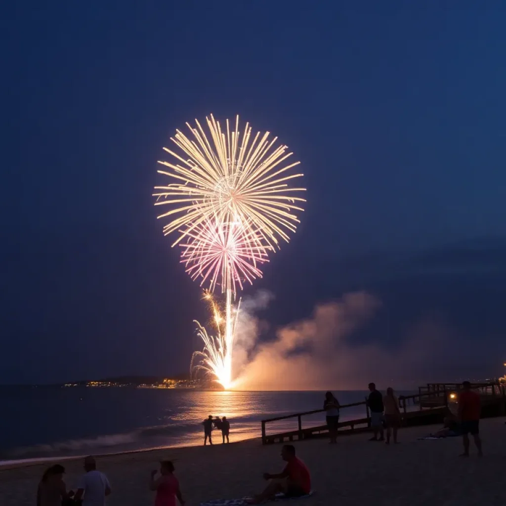 Fireworks display over a beach in Rhode Island