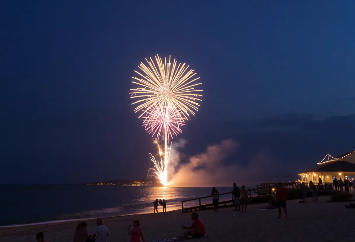 Fireworks display over a beach in Rhode Island