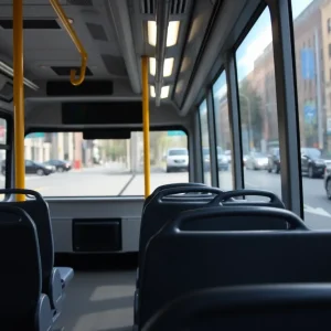 A RIPTA bus parked on a city street in Rhode Island during a public transit service review.