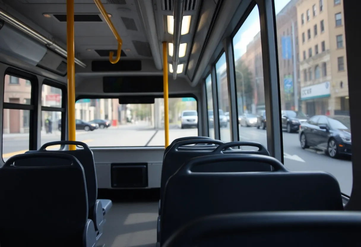 A RIPTA bus parked on a city street in Rhode Island during a public transit service review.