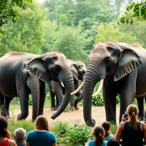 Three African elephants celebrating together at Roger Williams Park Zoo