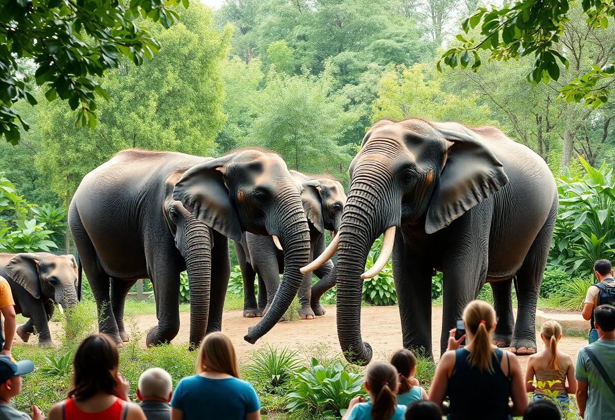 Three African elephants celebrating together at Roger Williams Park Zoo
