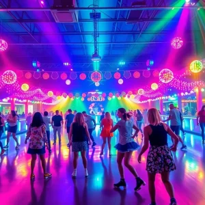 Colorful roller disco event at Providence Rink with people skating