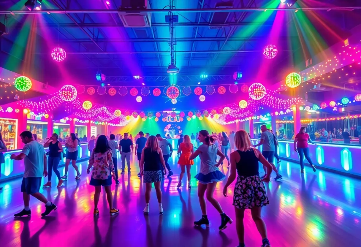 Colorful roller disco event at Providence Rink with people skating