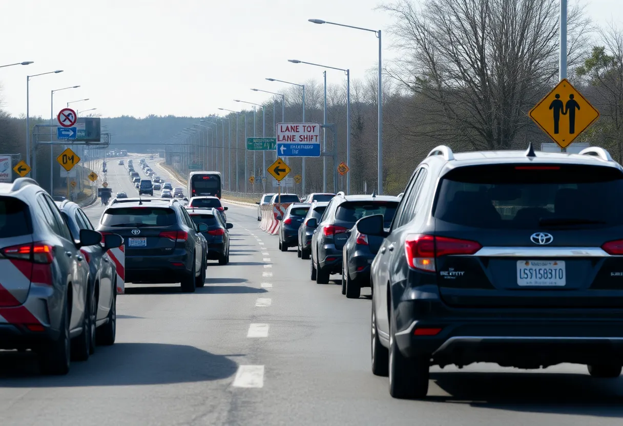Traffic on Route 37 West during lane shift for construction.