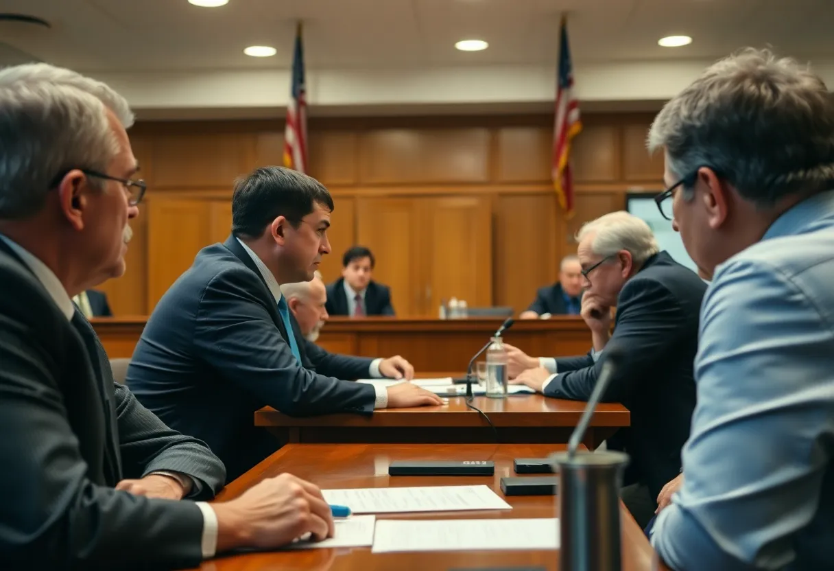 Illustration of a town council meeting with a focus on political tension