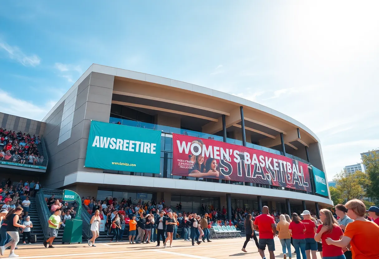 Exterior of a sports arena with fans for women's basketball event