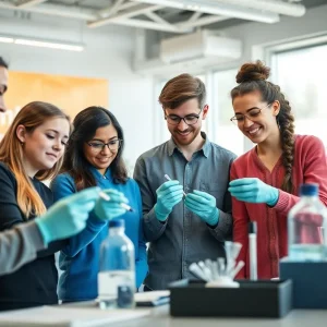 Diverse group of students working together in a biotechnology lab