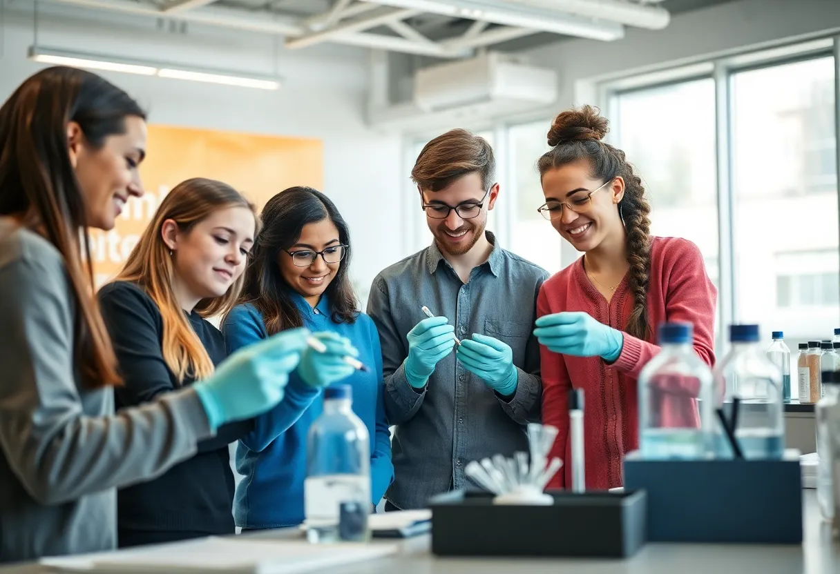 Diverse group of students working together in a biotechnology lab