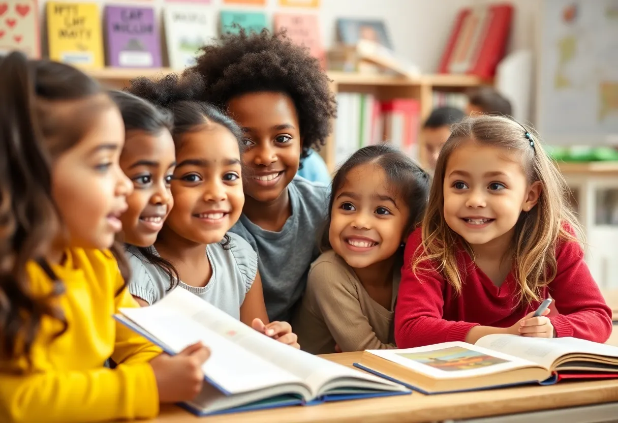 Group of diverse students actively participating in a classroom setting.