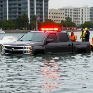 Submerged pickup truck being recovered by police and fire department near Gano Street.