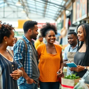 Diverse minority entrepreneurs collaborating in a marketplace