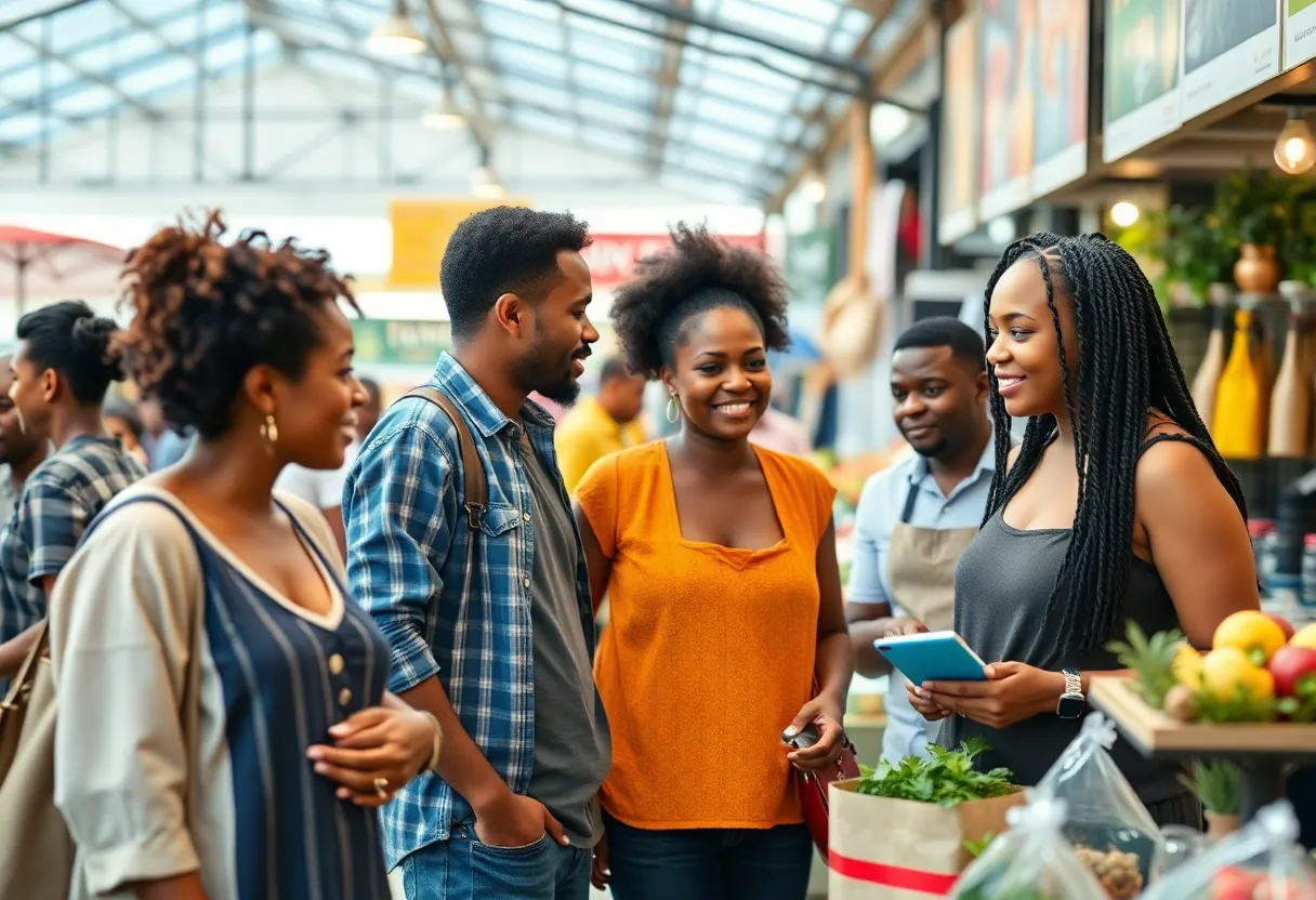 Diverse minority entrepreneurs collaborating in a marketplace