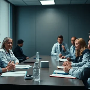 A tense hospital management meeting with union representatives