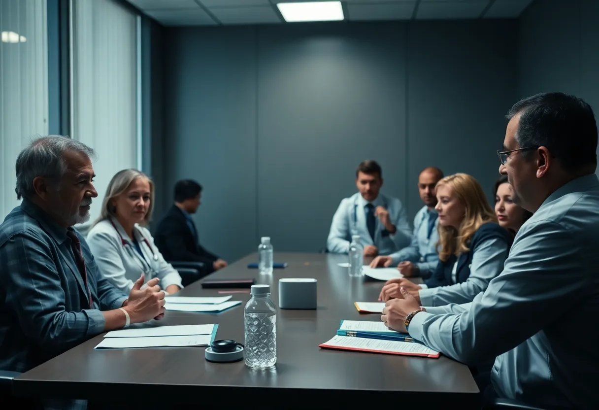 A tense hospital management meeting with union representatives