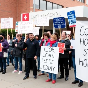 Union workers protesting layoffs outside Women and Infants Hospital