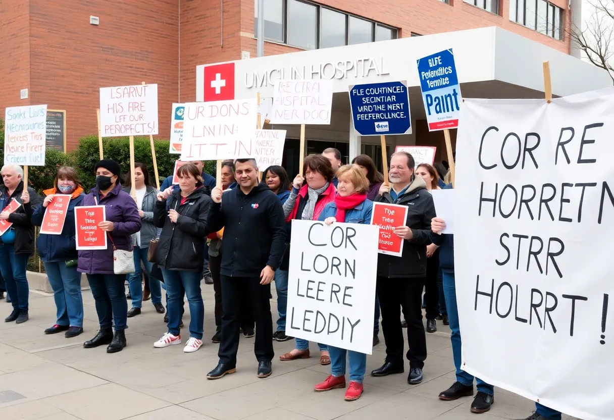 Union workers protesting layoffs outside Women and Infants Hospital