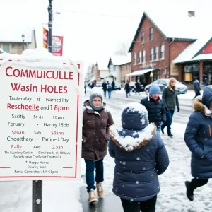 Snowy community scene in Warwick showing event cancellations