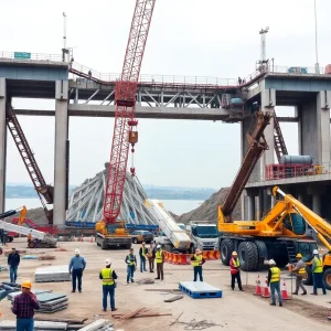 Construction site for Washington Bridge reconstruction showing cranes and workers.