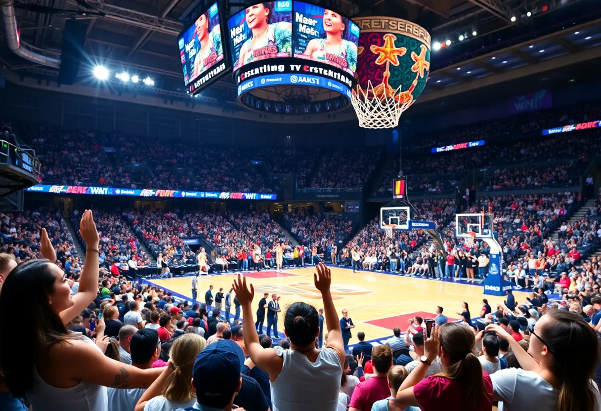Crowd cheering at a women's basketball game