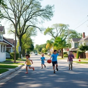 Neighborhood street scene highlighting the need for child road safety