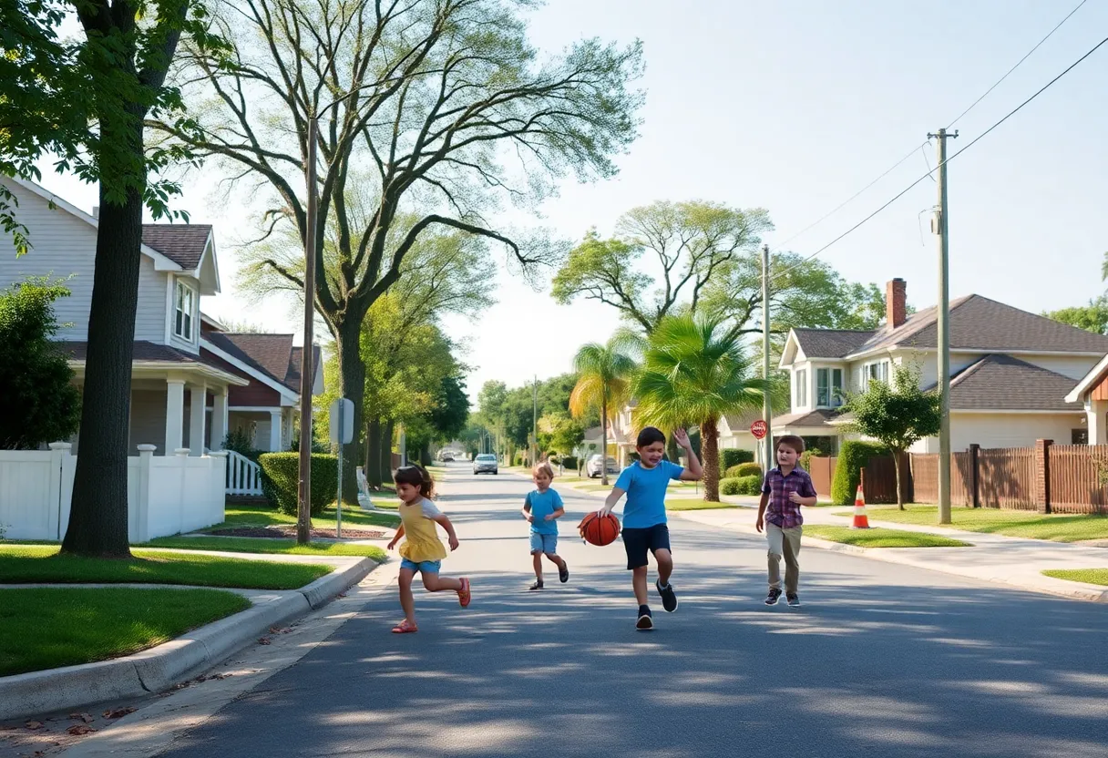 Neighborhood street scene highlighting the need for child road safety