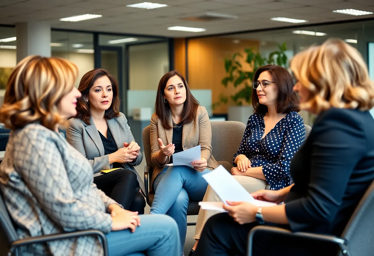 An office environment with women discussing menopause support.