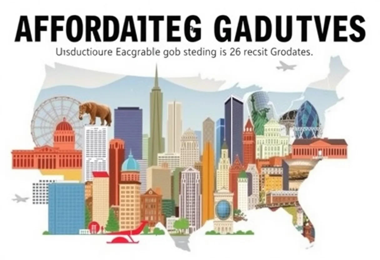 Collage of various U.S. cityscapes showcasing affordability for graduates.