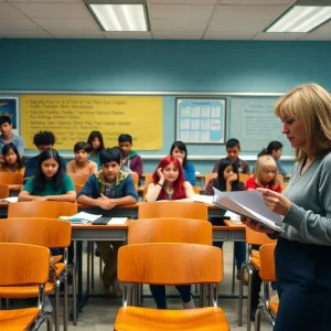 Classroom showing engaged students with attendance records reviewed by a teacher