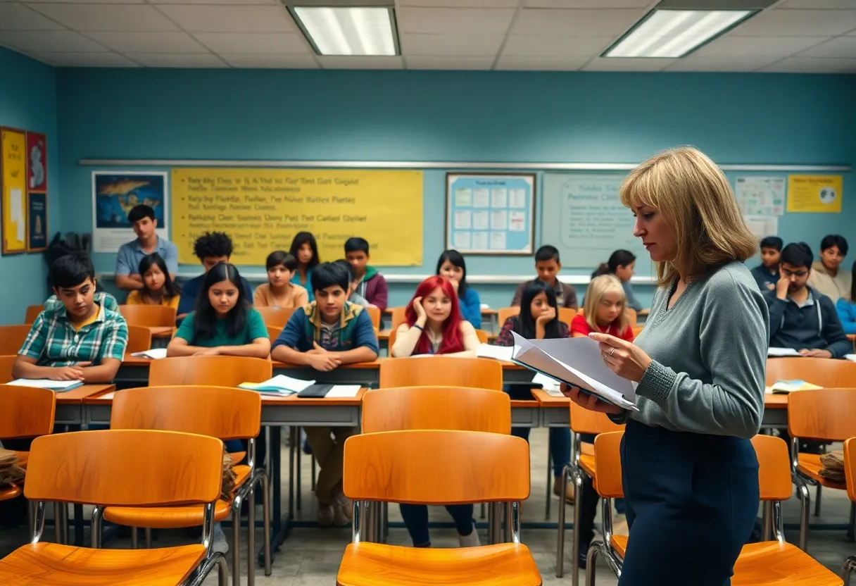 Classroom showing engaged students with attendance records reviewed by a teacher