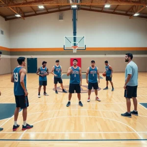 Basketball team practicing on the court at Rhode Island College