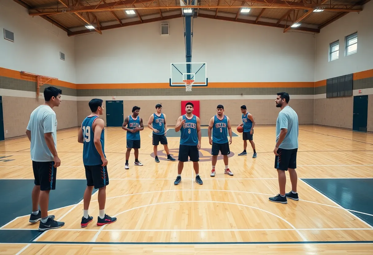 Basketball team practicing on the court at Rhode Island College
