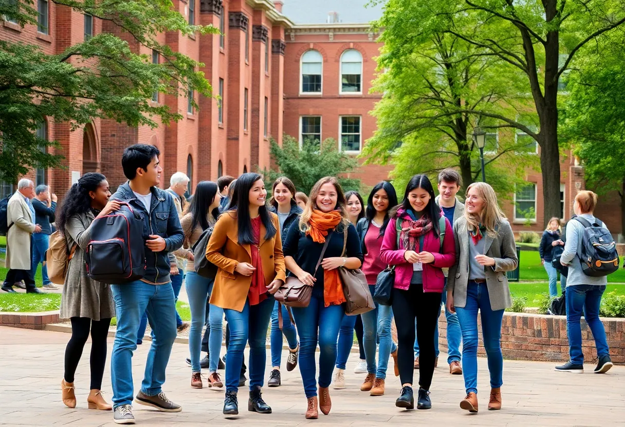 Campus view of Brown University with students engaged in conversation.
