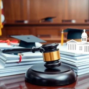 Image depicting a courtroom with legal materials and elements of higher education.