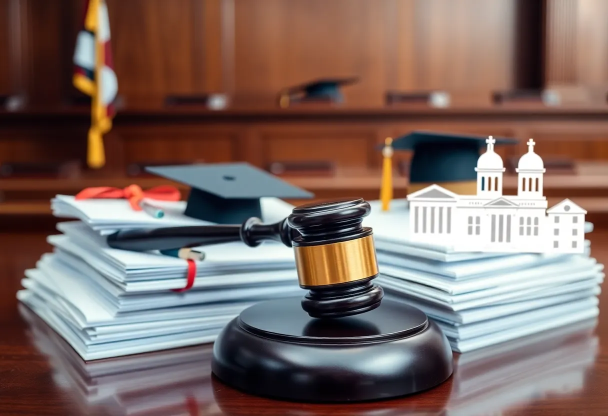 Image depicting a courtroom with legal materials and elements of higher education.
