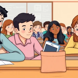Students in a classroom with their cell phones stored away.
