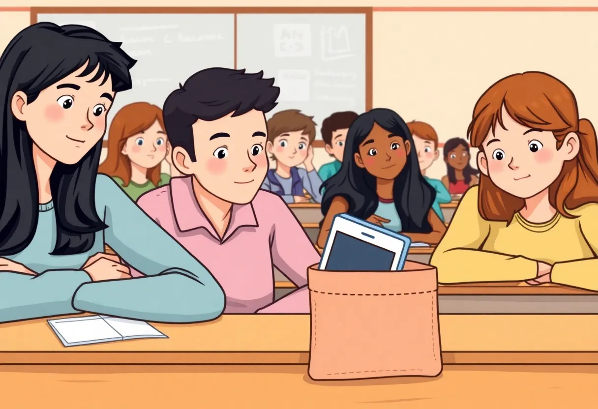 Students in a classroom with their cell phones stored away.