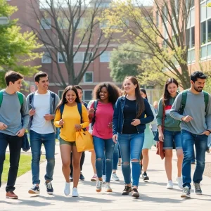 Diverse group of students interacting on a college campus