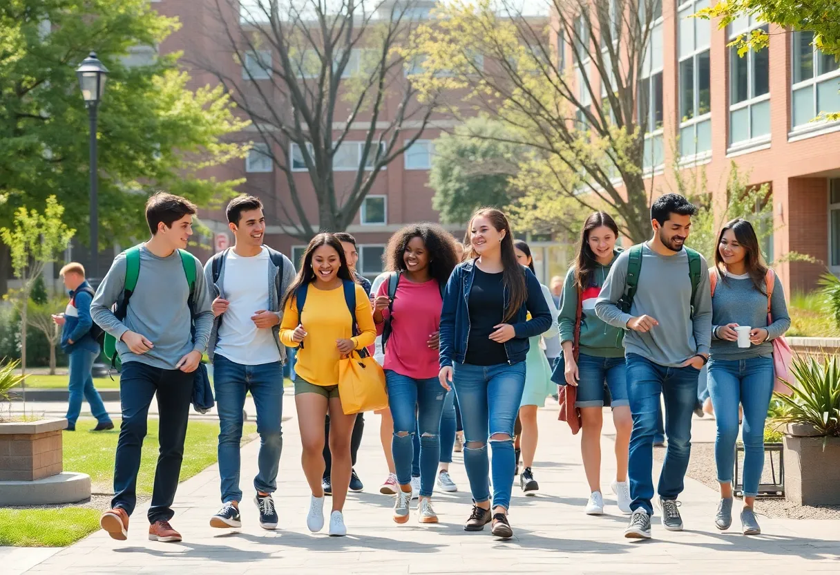 Diverse group of students interacting on a college campus