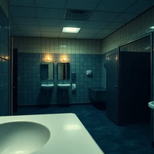 Unsettling college restroom environment related to privacy issues.