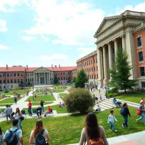 Panoramic view of Columbia University campus with diverse students.