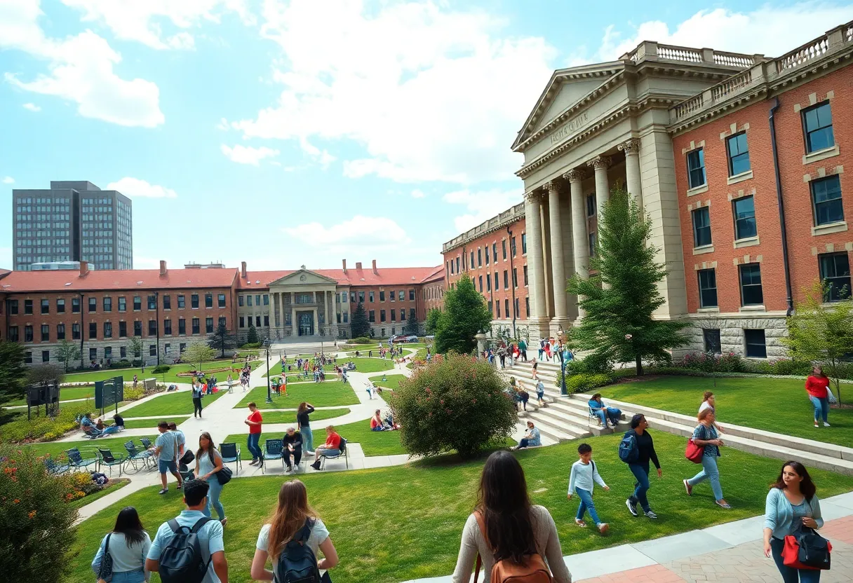 Panoramic view of Columbia University campus with diverse students.