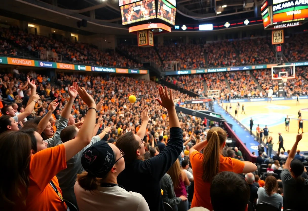 Fans cheering at a WNBA game in a vibrant basketball arena